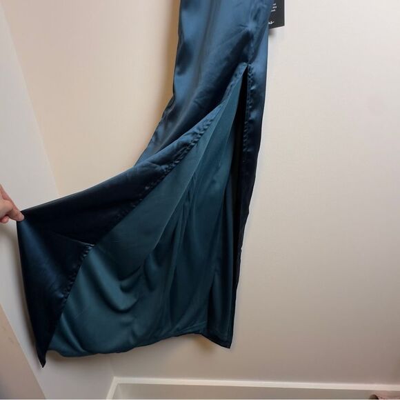 NWT LULUS Divine Entrance Teal Blue Satin Pleated Backless Maxi Dress - Picture 5 of 10